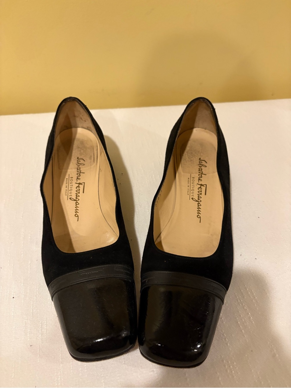 Salvatore Ferragamo Black Suede and Patent Leather Square-Toe Pumps